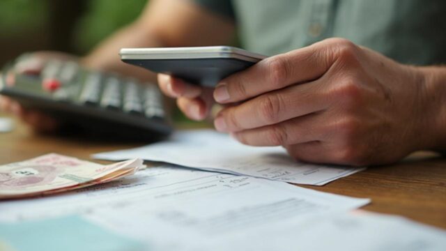 Plano aproximado das mãos a segurar um telefone móvel e uma calculadora numa secretária com documentos de pagamento