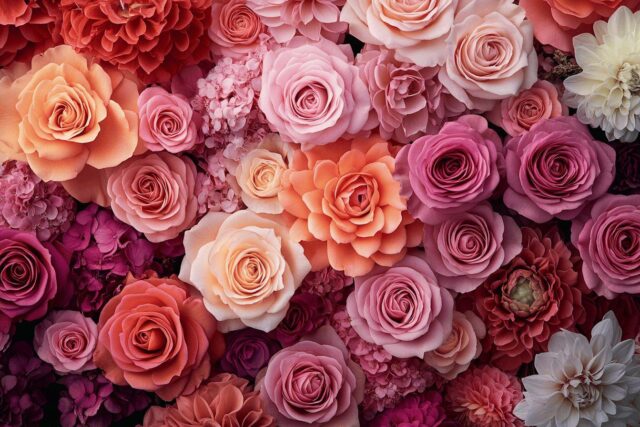 Nuances de rosas românticas Composição floral de rosas em tons degradados de rosa e vermelho