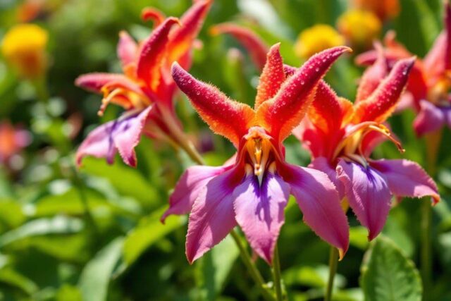 Plano aproximado de flores de orquídeas cor-de-rosa, vermelhas e alaranjadas em flor