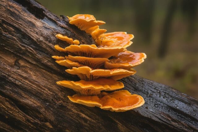 Cogumelo laranja em madeira morta Poliporo laranja em tronco morto em floresta húmida