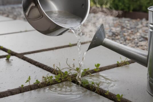 Não deite fora a água de cozedura salgada: ao ser despejada quente, elimina rapidamente as ervas daninhas Água de cozedura quente despejada sobre ervas daninhas entre lajes