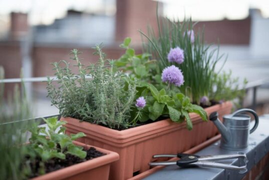 Evite comprar aromáticas todos os anos: 10 ervas perenes para plantar já nesta primavera Floreira de tomilho, orégãos, hortelã e cebolinho numa varanda